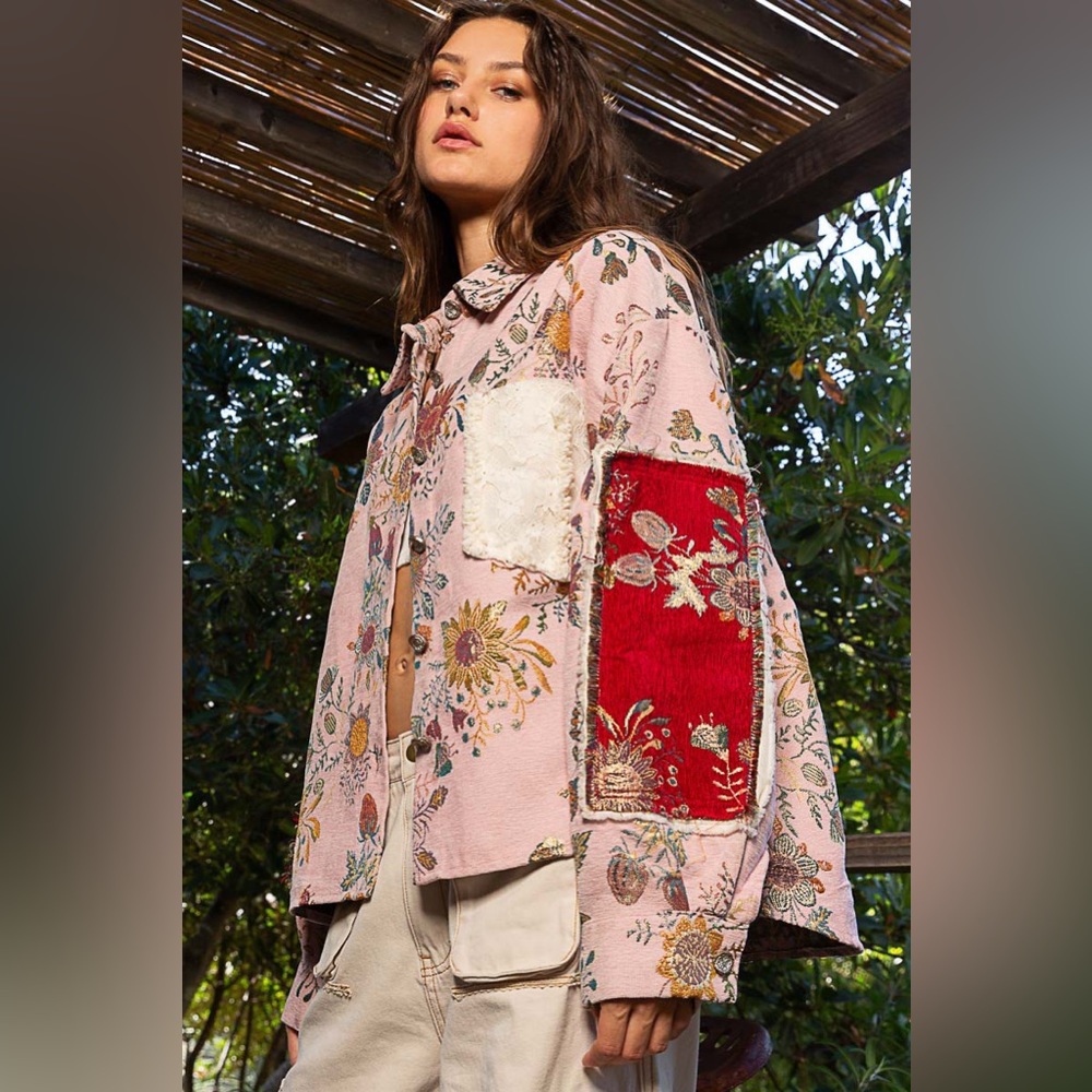 POL Gemma Floral Panels Floral Pattern Jaquard Shacket Pink Multi Medium💖💖💖